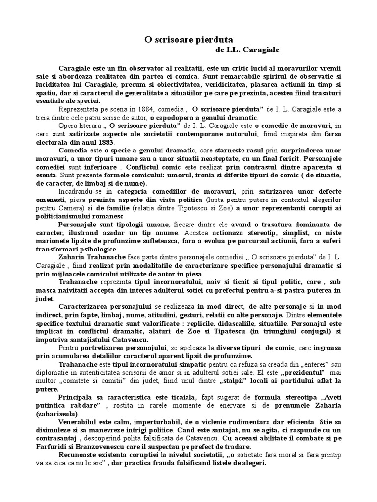 O Scrisoare Pierduta - Zaharia Trahanache | PDF