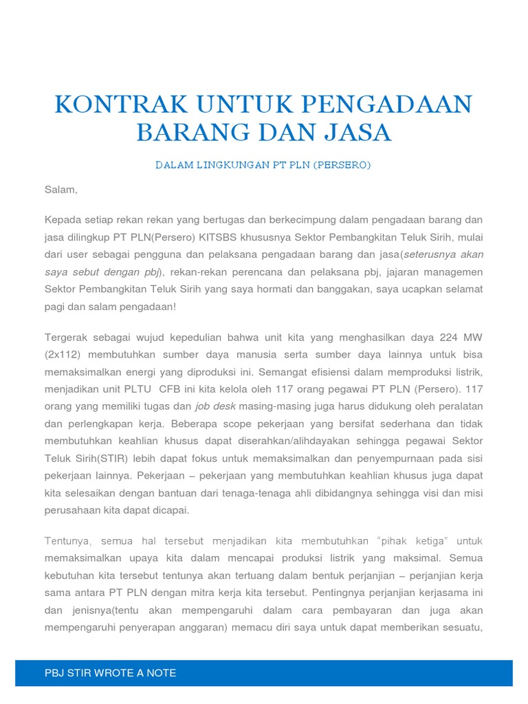 Jenis Kontrak Pengadaan di PT PLN | PDF | Pengelolaan Keuangan & Uang ...