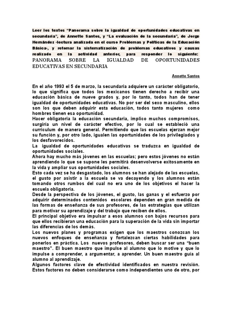 Panorama Sobre La Igualdad de Oportunidades Educativas en Secundaria ...