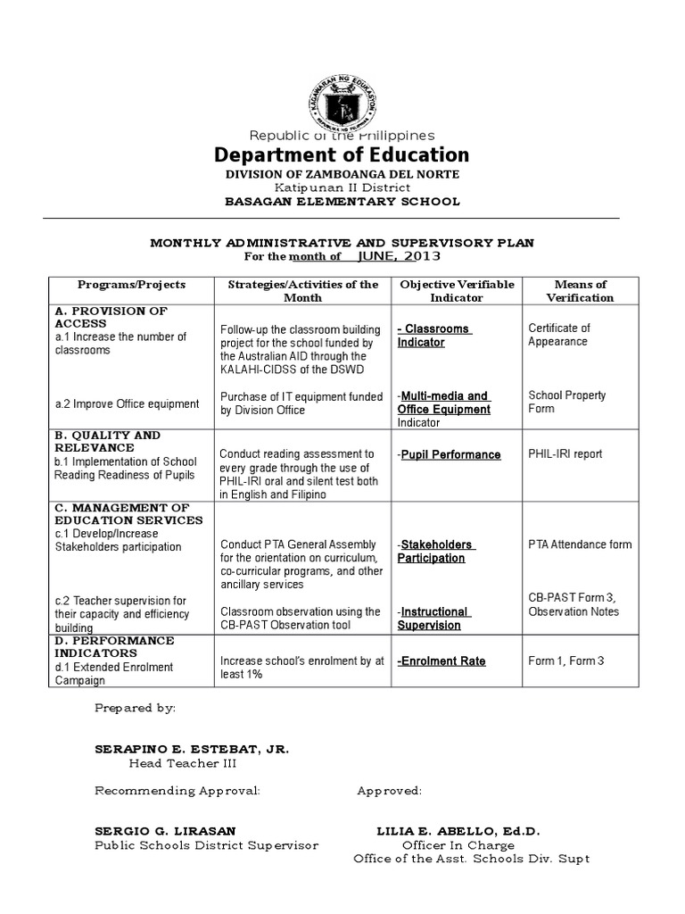 Monthly Supervisory Plan for June-September | PDF | State School ...