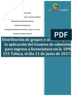 Distribución Grupos y Alumnos para La Aplicación Del Examen de Nuevo Ingreso La UPN 151 Toluca