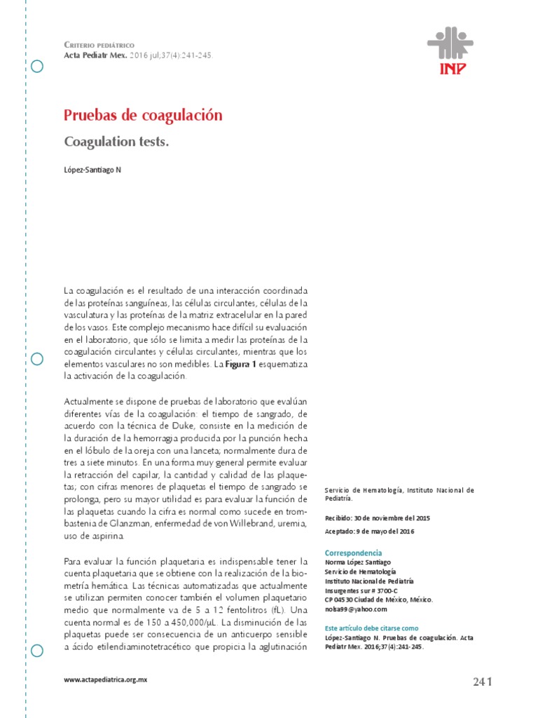 Pruebas de Coagulación en Pediatría | PDF | Coagulación | Plaqueta