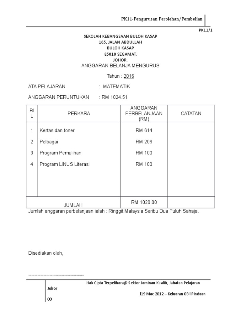 Anggaran Belanja Mengurus Panitia Matematik 2015 | PDF