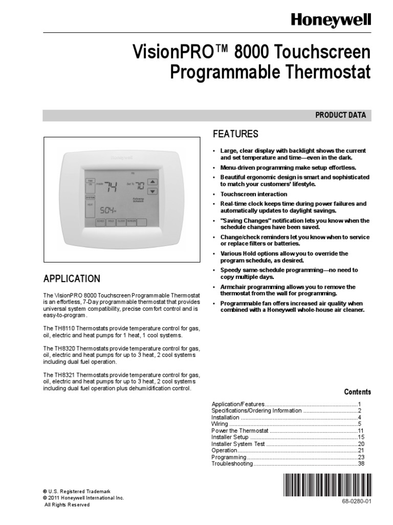 Honeywell T8000 Product Guide 680280 Thermostat Heat Pump