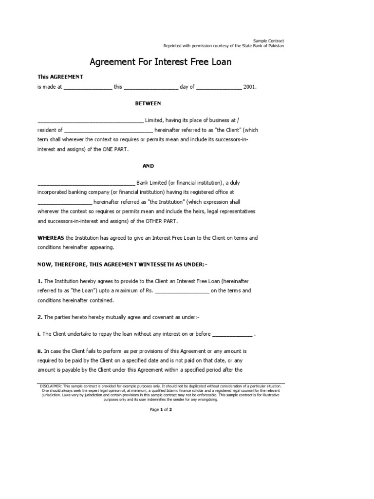Sample Agreement For An Interest Free Islamic Loan  PDF  Islamic Pertaining To islamic loan agreement template