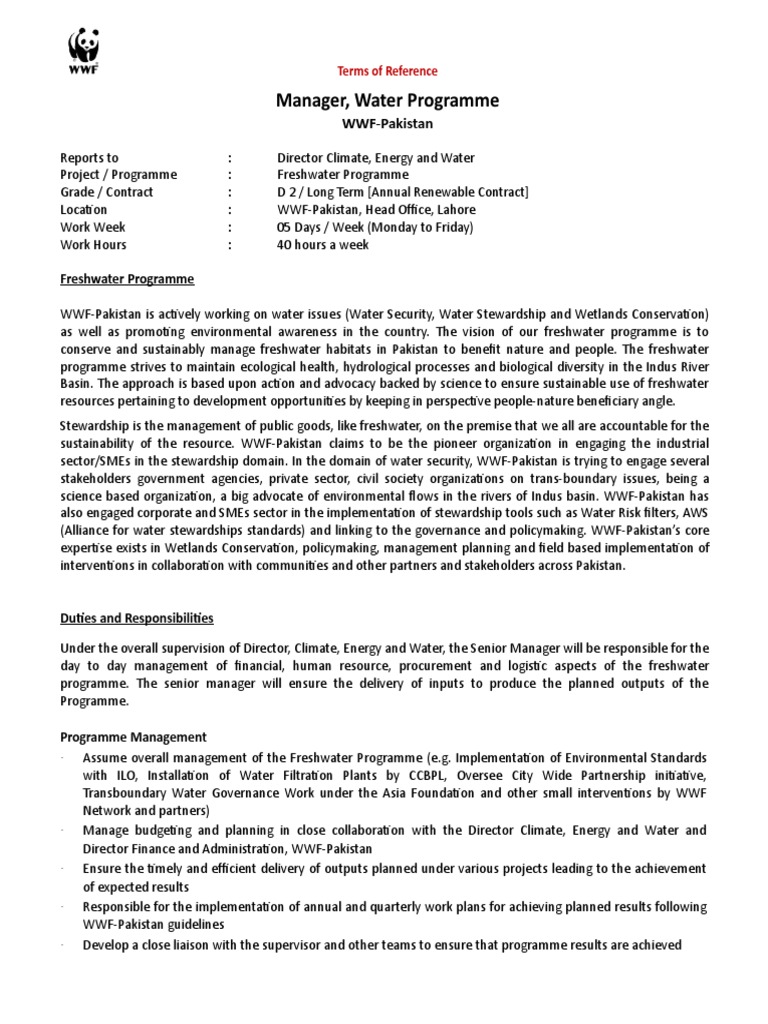 WWF-Pakistan Freshwater Programme Manager | PDF | World Wide Fund For ...