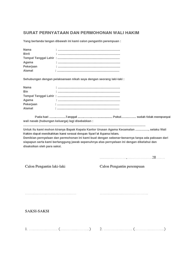 Contoh Surat Kuasa Wali Hakim Nikah