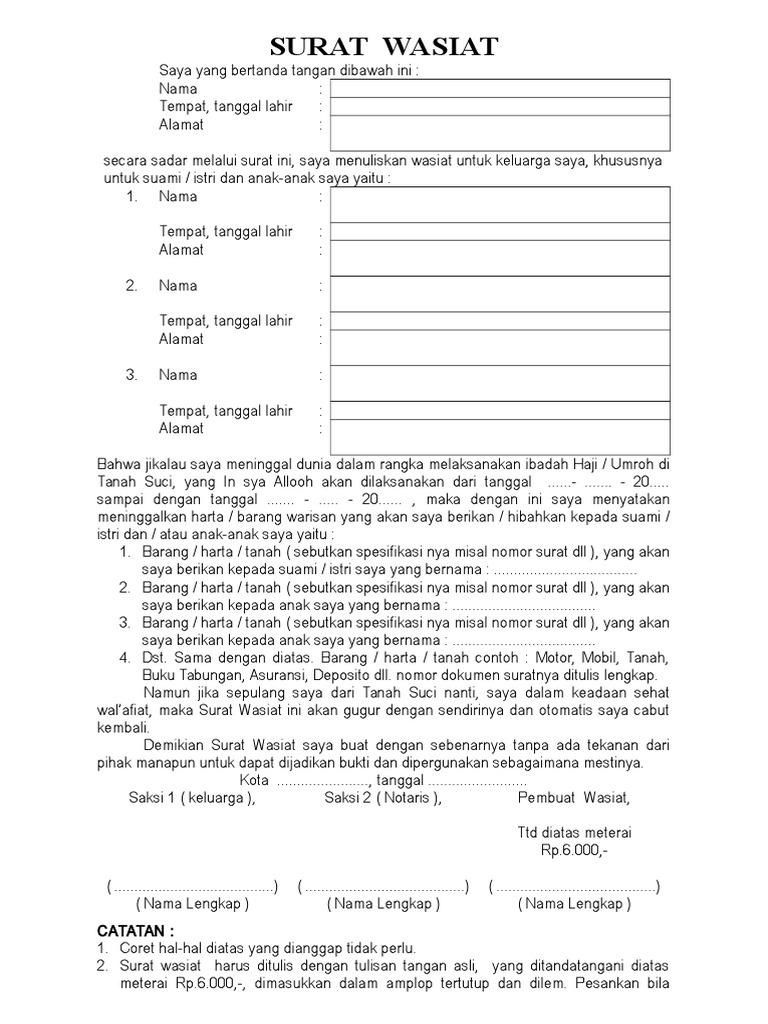 Contoh Surat Wasiat Harta