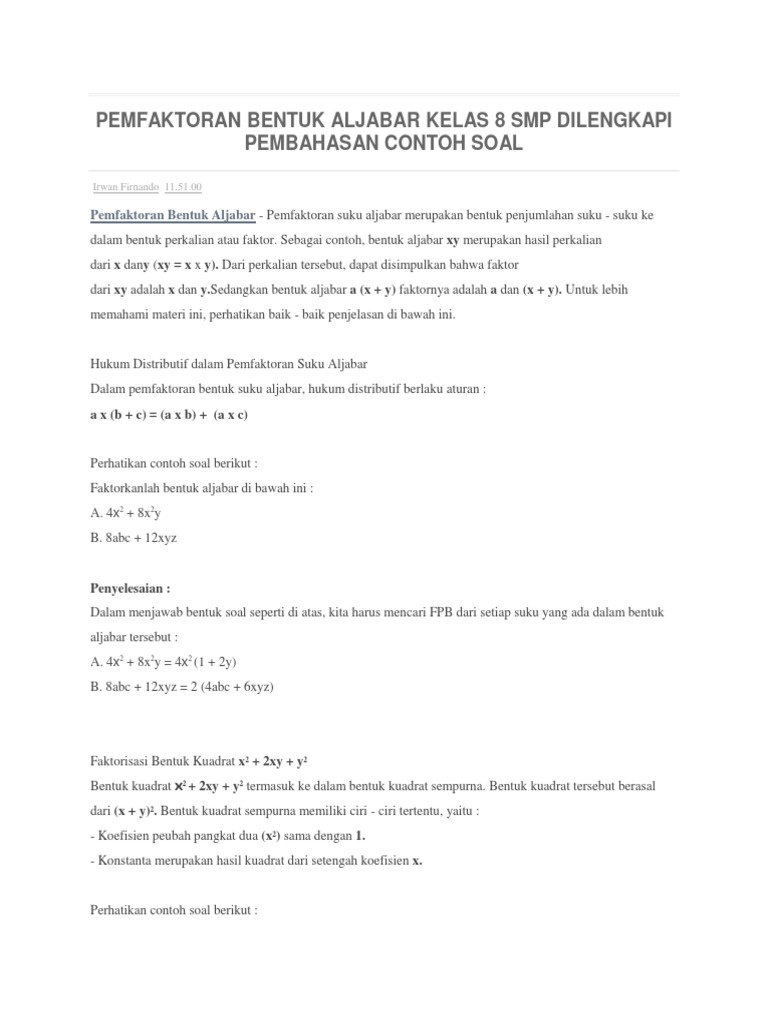 Contoh Soal Aljabar Smp Dan Pembahasannya