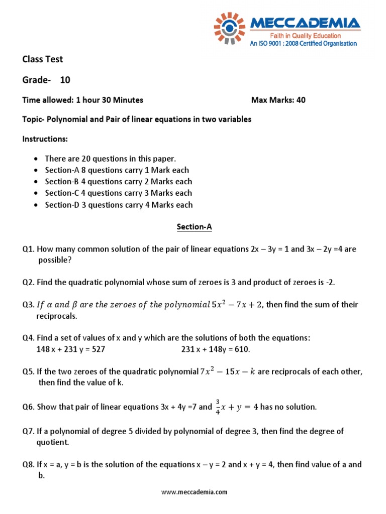 Class 10 Polynomial & Linear Equations Test | PDF | Polynomial ...