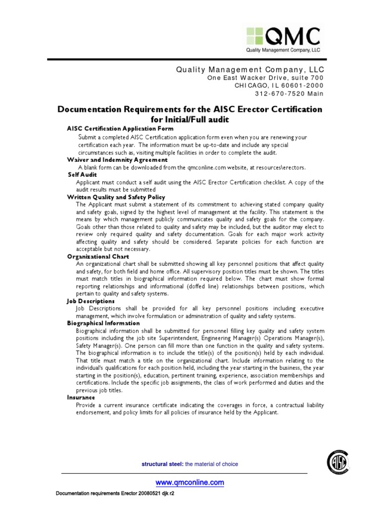 Documentation Requirements For The AISC Erector Certification For