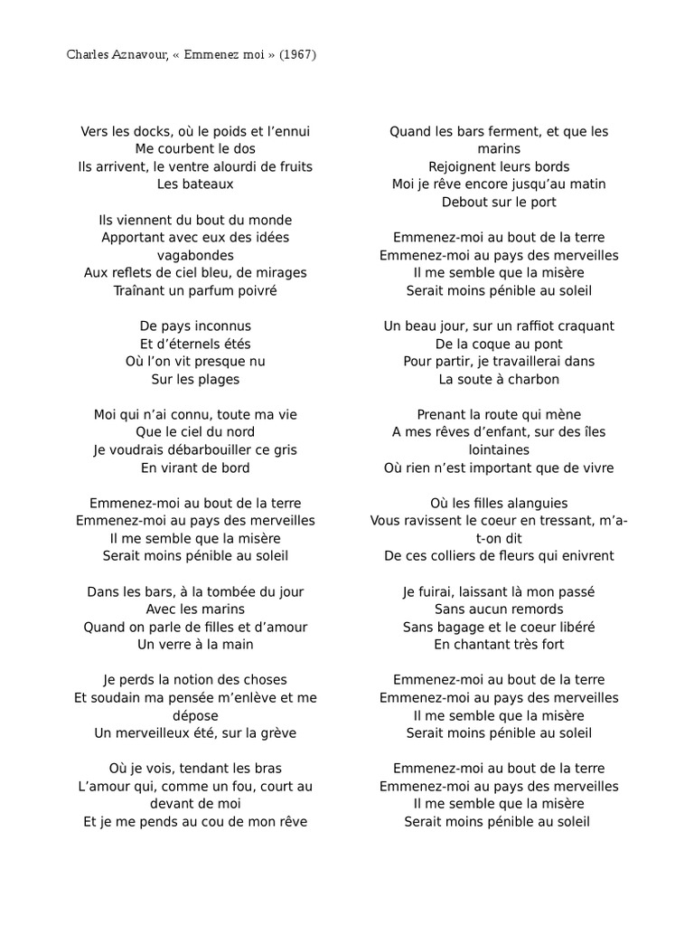 Paroles Emmenez Moi Charles Aznavour Aznavour Emmenez Moi