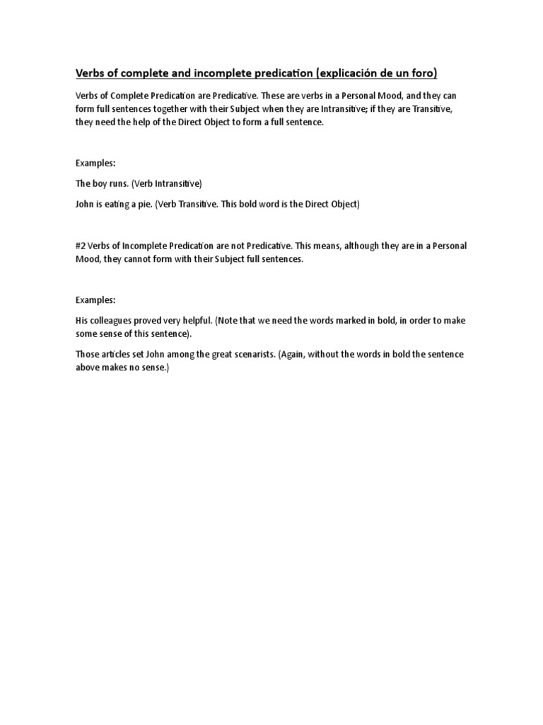 Verbs of Complete and Incomplete Predication | PDF | Foreign Language ...