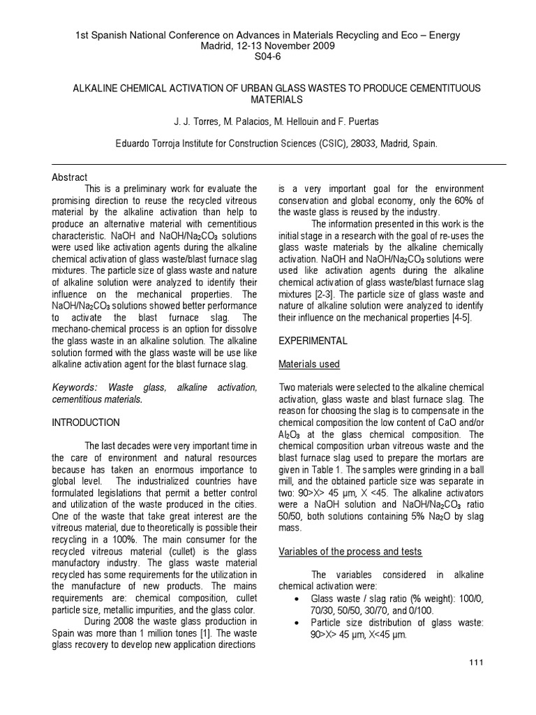 Alkaline Activation of Glass Waste for Cement | PDF | Glasses | Waste