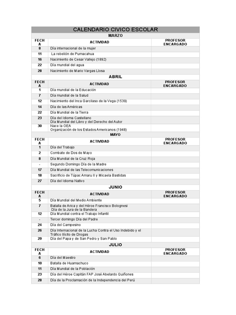 Calendario Civico Escolar PDF América del Sur Perú