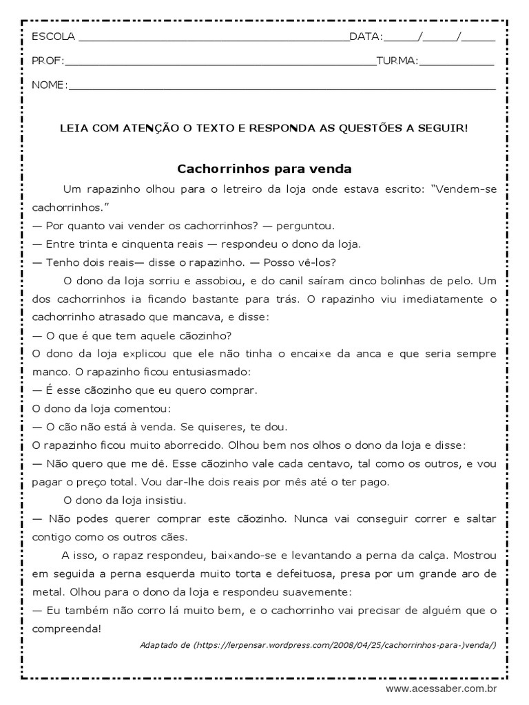 Cachorrinhos para venda: Leia Com Atenção O Texto E Responda As ...