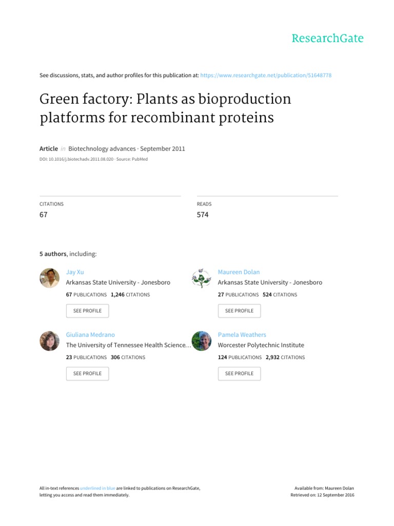 2012 Xu Etal Green Factory. Plants As Bioproduction Platforms For