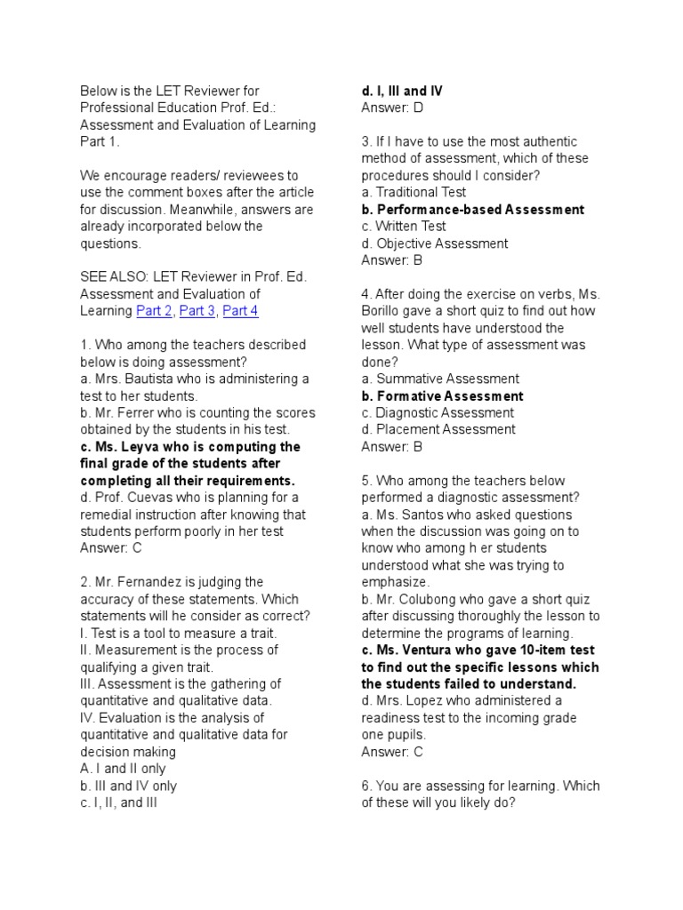 LET Reviewer: Assessment Strategies | PDF | Educational Assessment ...
