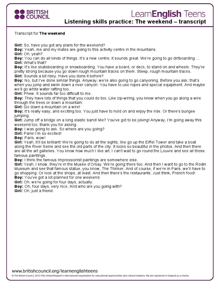 Weekend Adventure Plans Transcript | PDF | Language Arts & Discipline | Art
