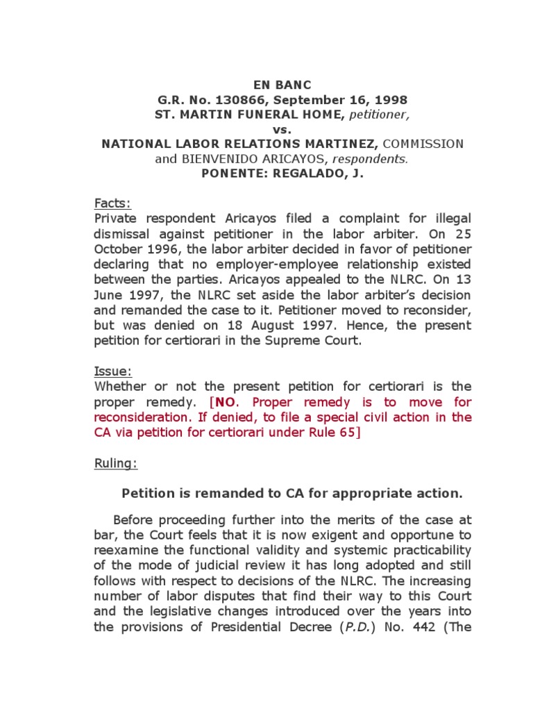 ST Martin Funeral Homes V NLRC PDF Supreme Courts Appeal