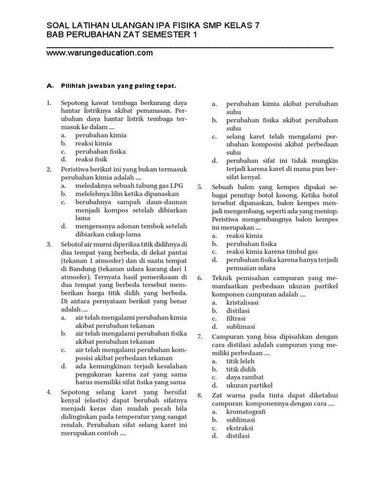 Soal Ulangan Ipa Fisika Smp Kelas 7 Bab Perubahan Zat