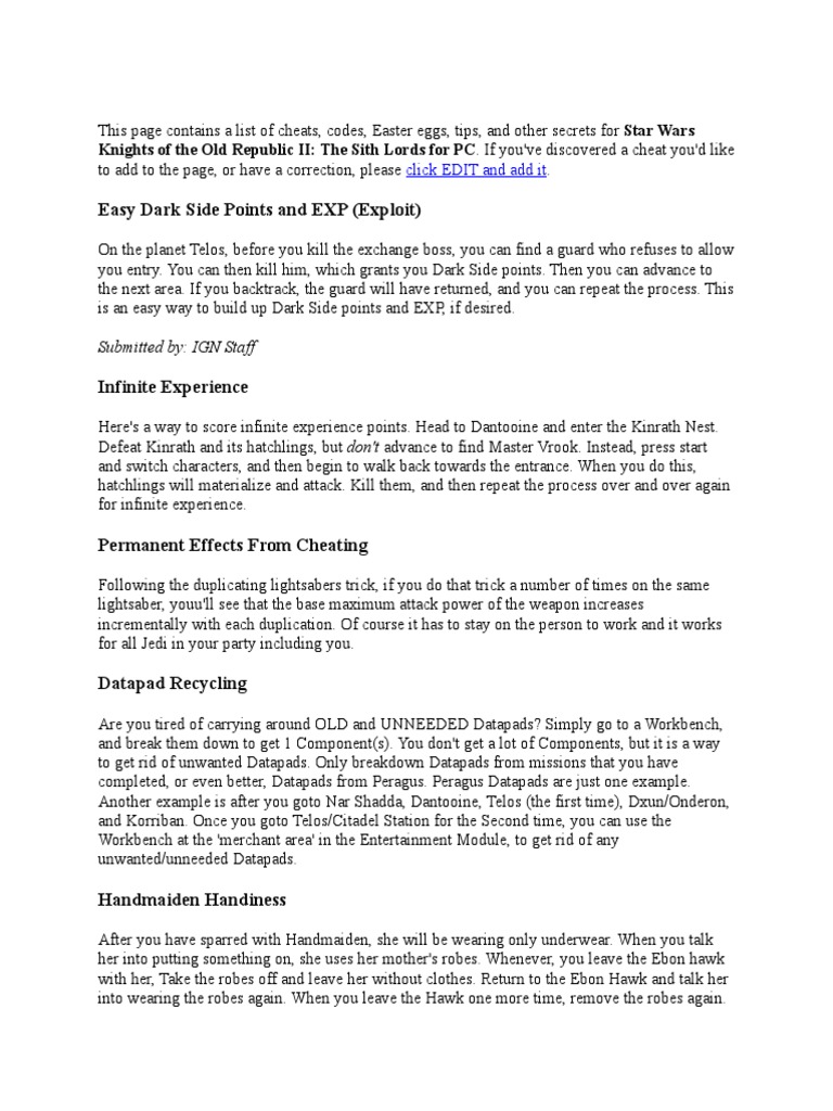 Cheats Codes Star Wars KOTOR 2 PDF Cheating In Video Games Star Wars