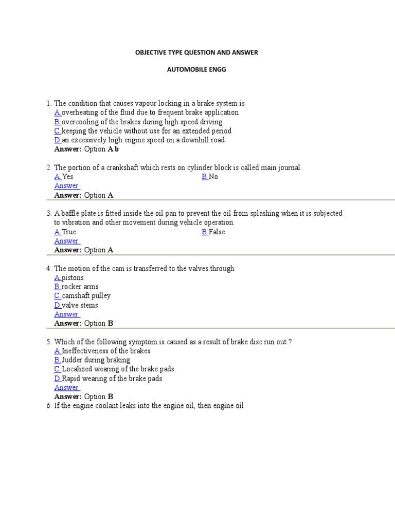 Automobile Engineering Q&A Guide | PDF | Brake | Engines