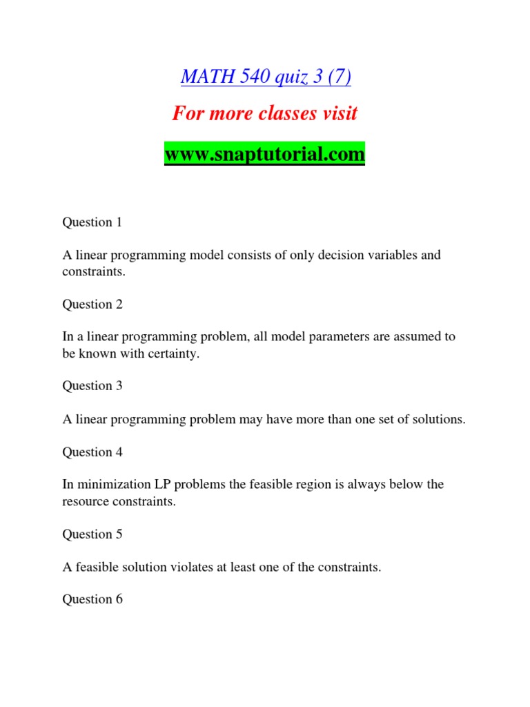 MATH 540 Quiz 3 and 4 Analysis | PDF | Mathematical Optimization ...