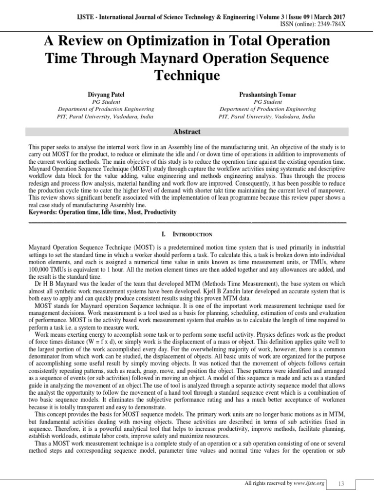 A Review on Optimization in Total Operation Time through Maynard