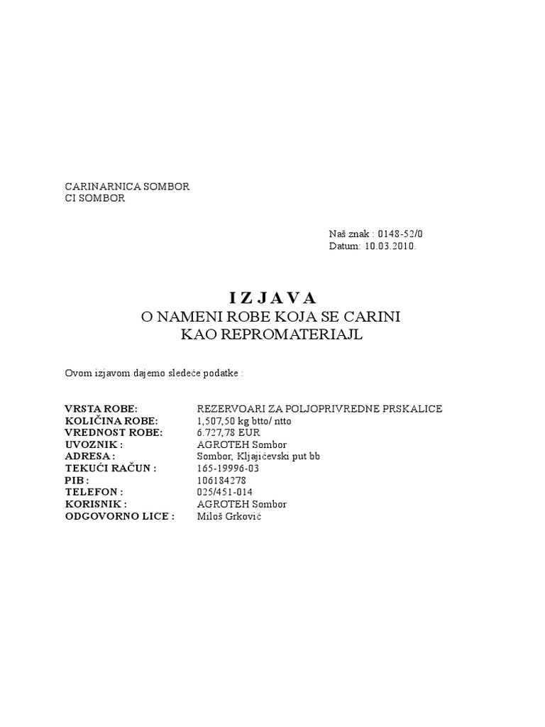 Izjava Za Reprodukciju - Repromaterijal | PDF