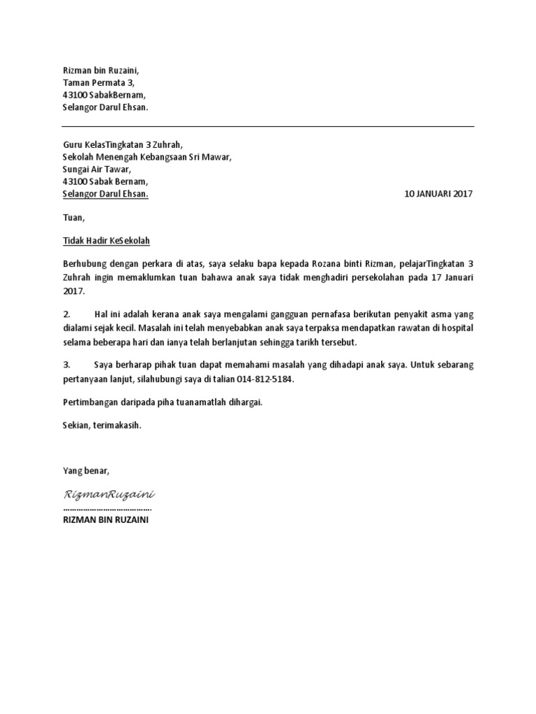 Contoh Surat Tidak Hadir Ke Sekolah 2017 Aliffdotco Pdf
