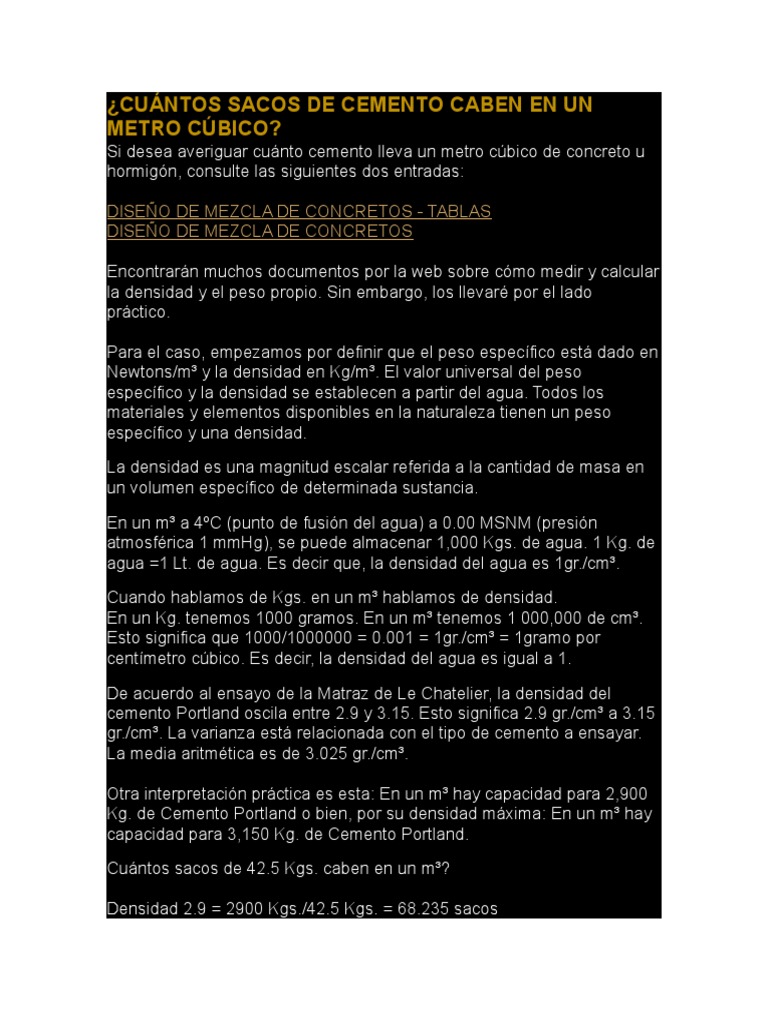 Cuantos Sacos De Cemento Por Metro Cubico De Concreto Cuántos Sacos de Cemento Caben en Un Metro Cúbico | PDF | Densidad |  Hormigón