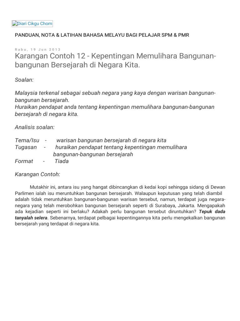 Diari Cikgu Chom Karangan Contoh 12 Kepentingan Memulihara Bangunan Bangunan Bersejarah Di Negara Kita Pdf