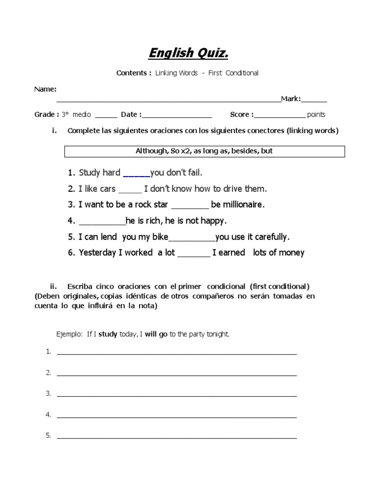 English Quiz: Linking Words & First Conditional | PDF