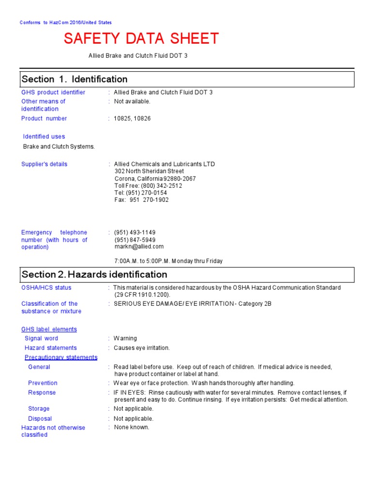 SDS Lucas DOT3 Brake Fluid PDF Toxicity First Aid