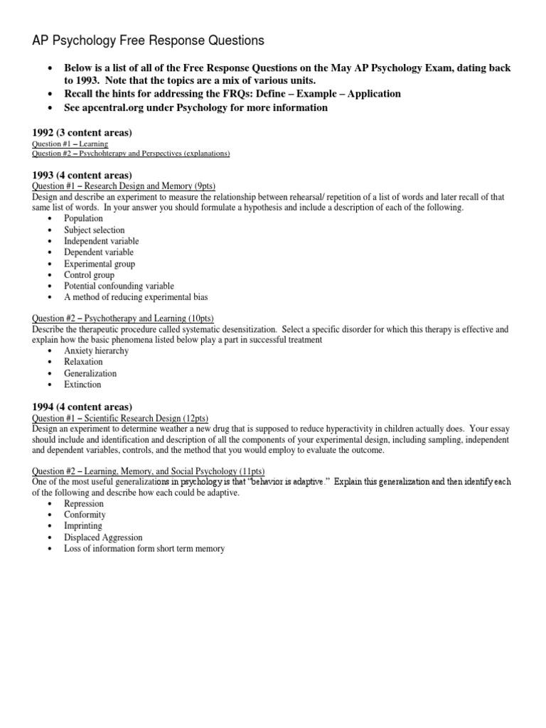 AP Psychology May Exam FRQs | PDF | Experiment | Social Psychology