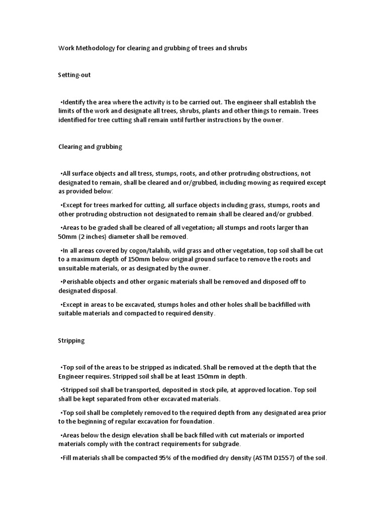 Work Methodology For Clearing and Grubbing of Trees and Shrubs | PDF