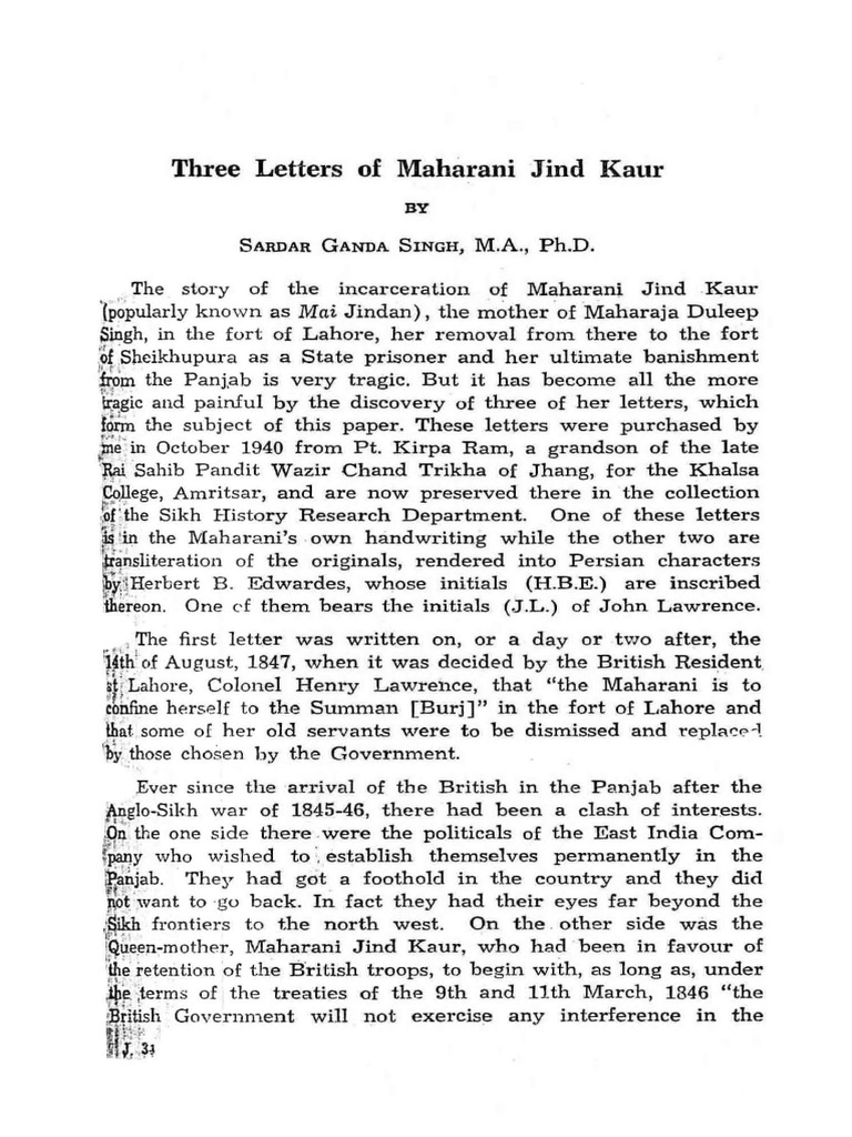 Three Letters of Maharani Jind Kaur - Dr. Ganda Singh | PDF | Punjab ...