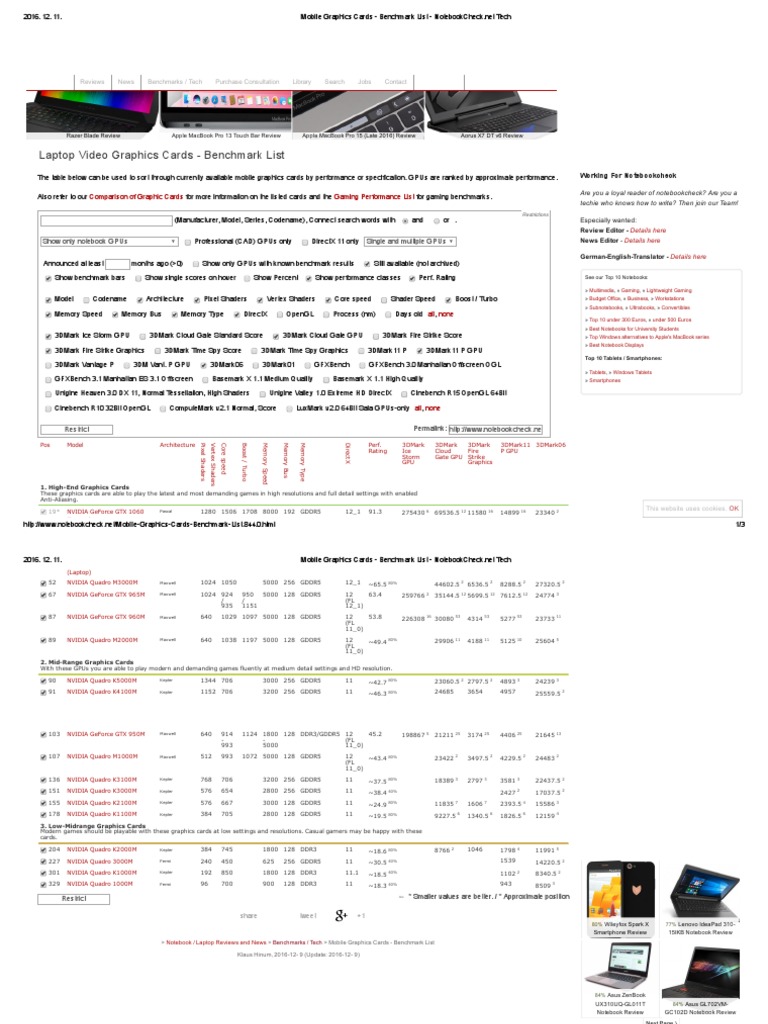 Mobile Graphics Cards Benchmark List NotebookCheck PDF Graphics
