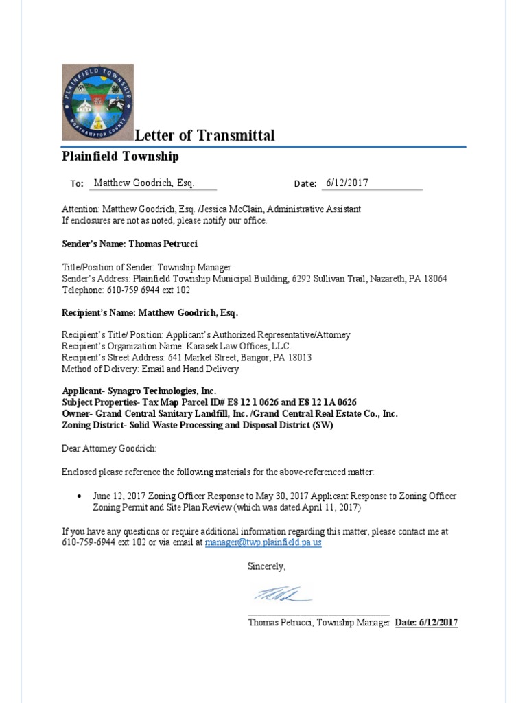 Plainfield Township Zoning Officer Review Letter 6.12.2017 of Synagro