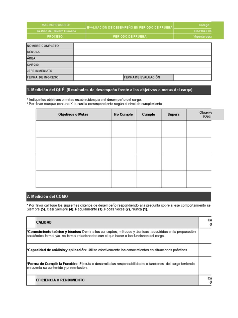Formato Evaluación Período de Prueba | PDF | Gestión del talento ...