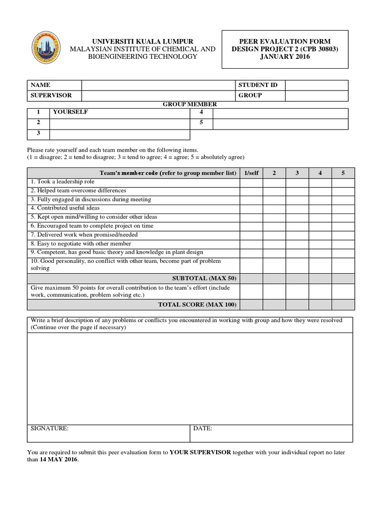 Peer Evaluation Form for Design Project | PDF