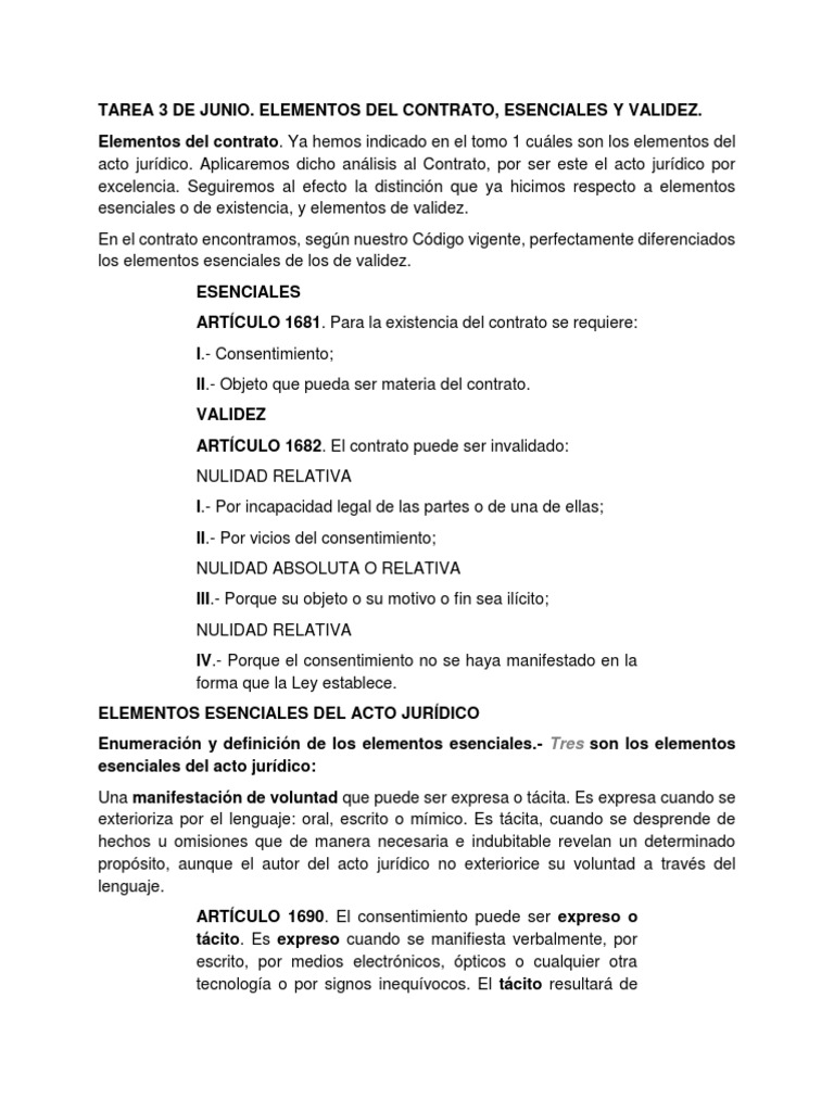 Elementos esenciales y de validez de los contratos