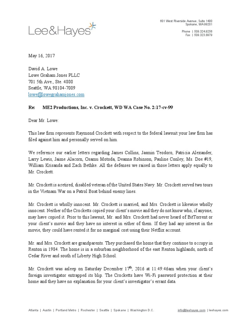 WAWD 17cv00099 20170515 Letter To Lowe PDF Federal Rules Of Civil Procedure Complaint