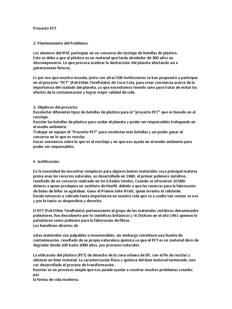Proyecto PET: Reciclaje de Botellas Plásticas | PDF | El plastico ...