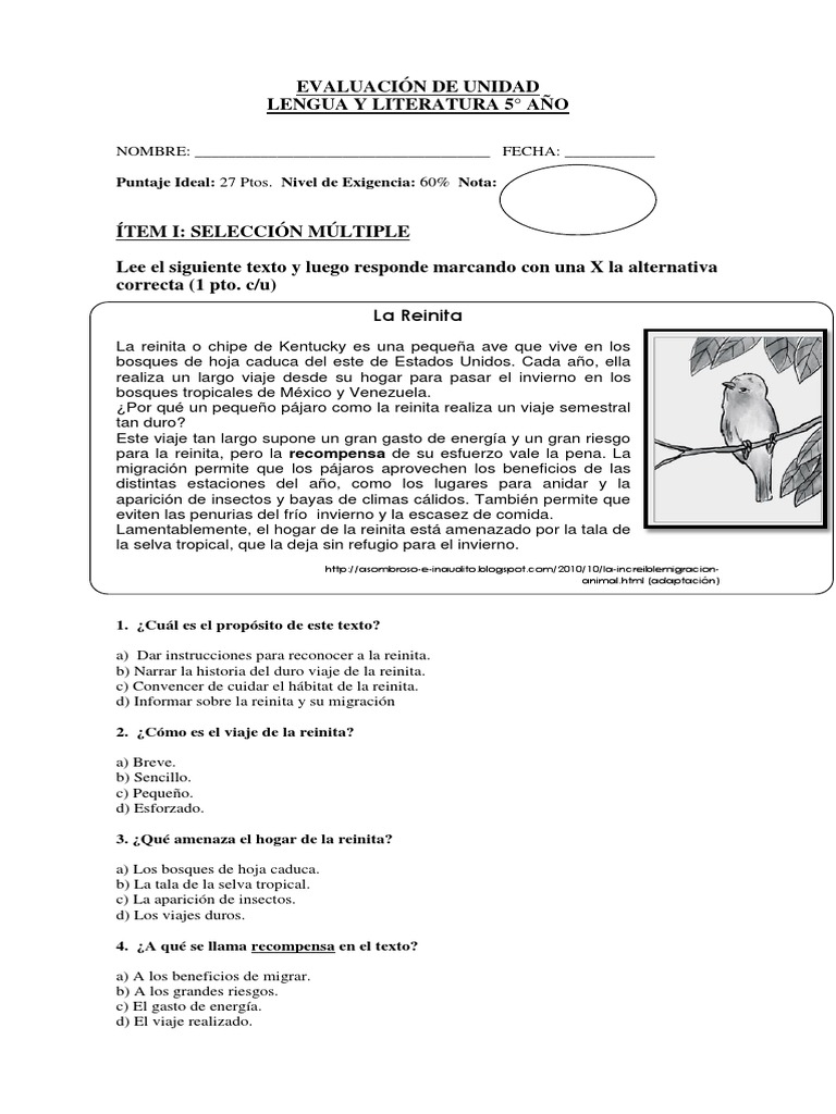 Evaluación de Lengua y Literatura 5° Año | PDF | Aves | Naturaleza
