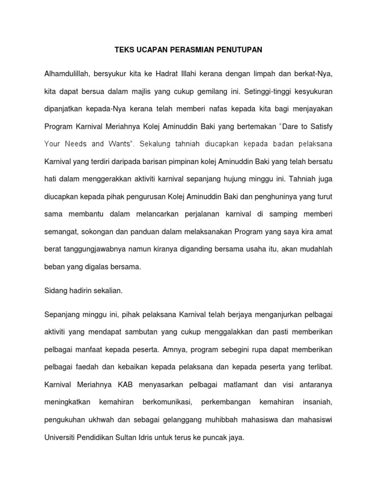 Teks Ucapan Perasmian Penutupan Majlis