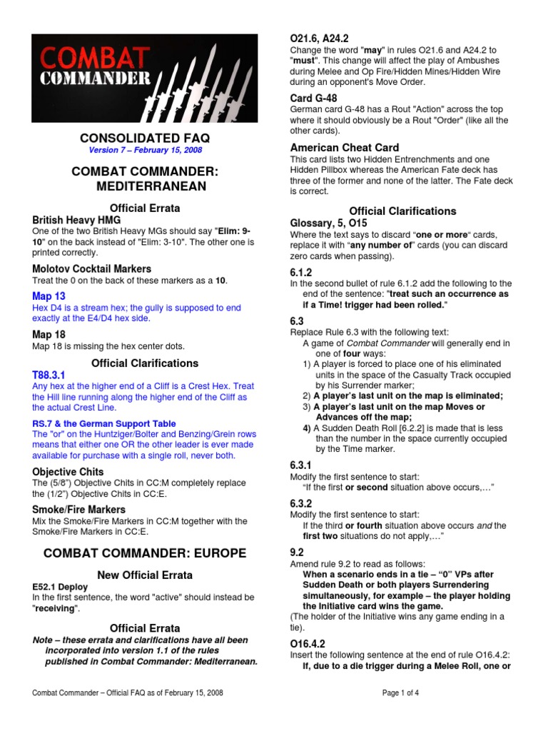 Combat Commander: Europe Errata & FAQ | PDF | Mortar (Weapon) | Artillery