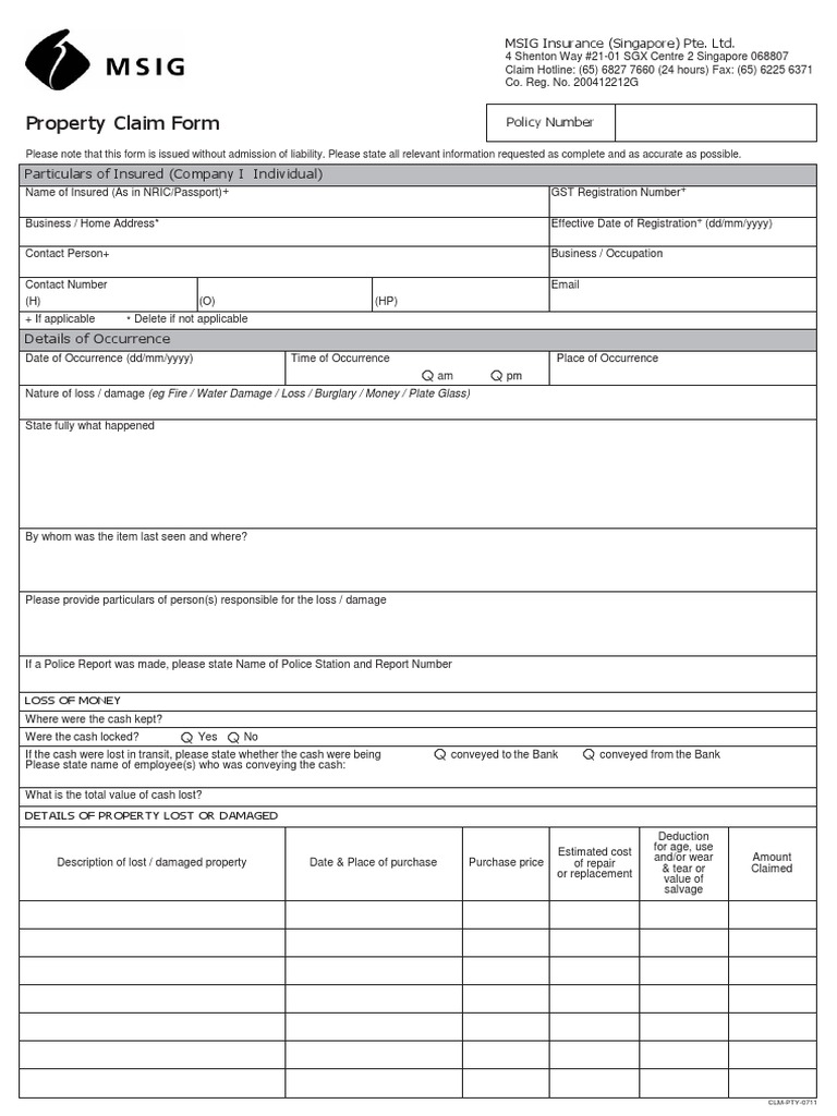 MSIG Property Claim Form | PDF | Fraud | Insurance
