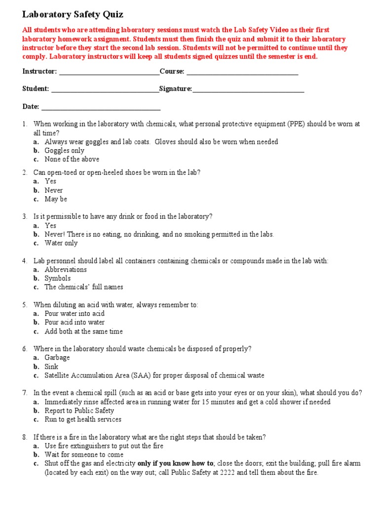 Laboratory Safety Quiz PDF Laboratories Nature